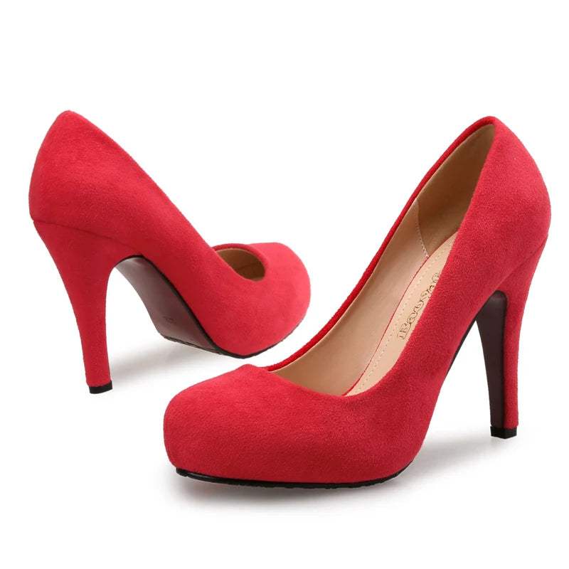 BaoYaFang Flock Ladies shoes High heels fashion Pumps women office shoes Red sole Thin heel Pumps Round Toe Wedding shoes