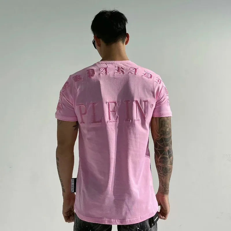 tshirt men cartoon rhinestones teddy bear plein embroidey summer casual wear cotton shortsleeve pink paradise men clothing new