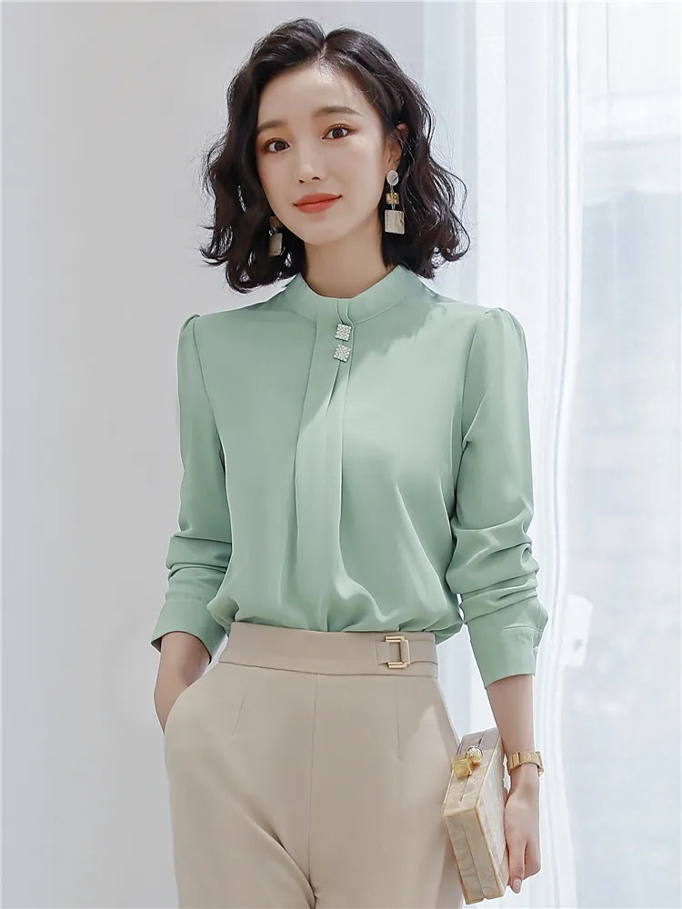 Dushicolorful Blouse Women's Clothing Long Sleeve White Mint Green Chiffon Blouse OL Ladies Work Wear Shirt Formal Tops