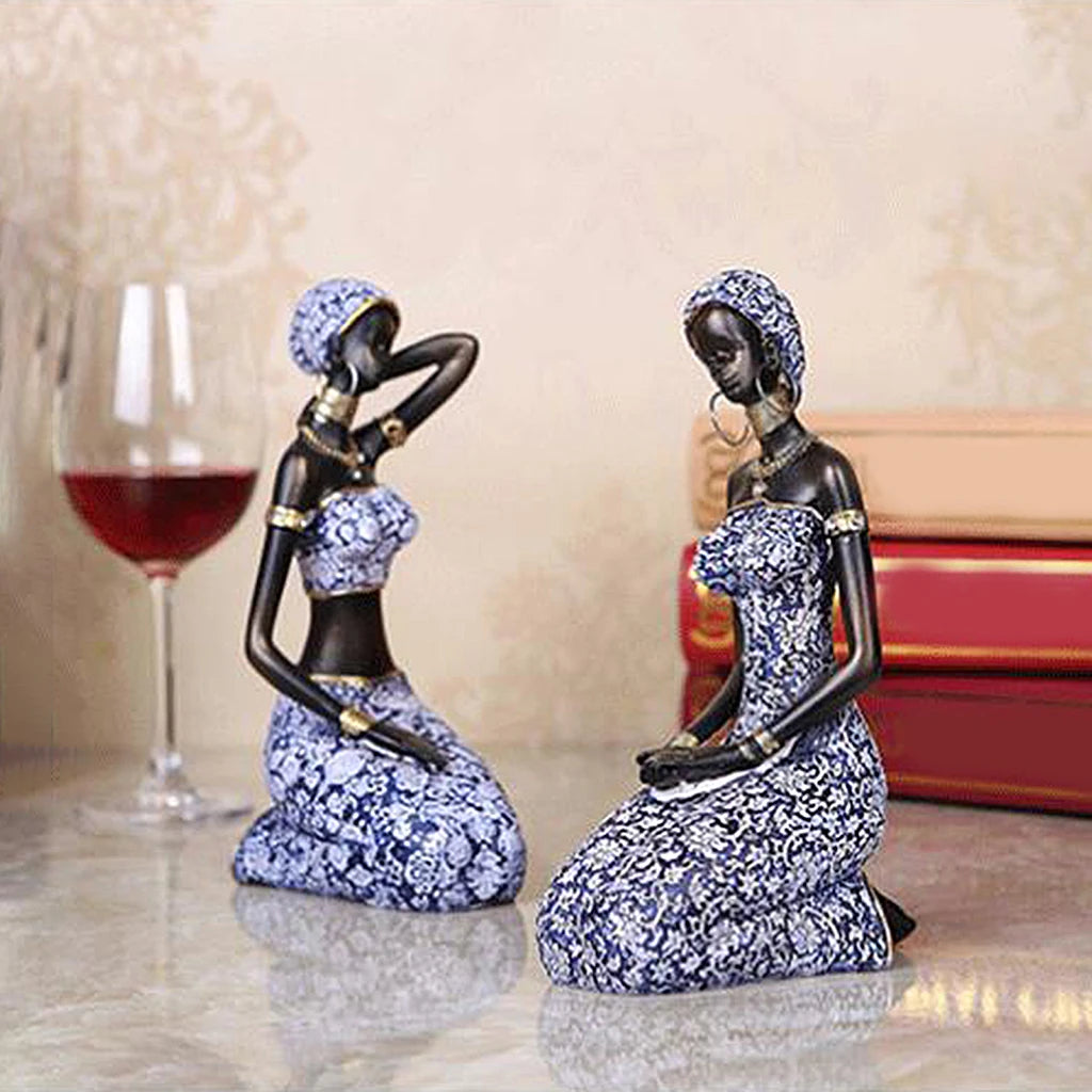 2pcs/Set Resin African Lady Figurines Sculptures Tribal Female Tabletop Statue African Women Handpaint Figurine Home Decoration