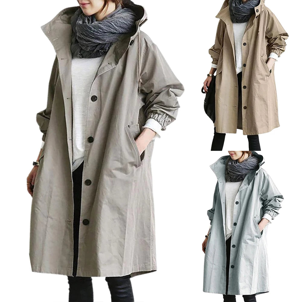 Women Autumn Solid Color Pocket Hooded Windbreaker Long Trench Coat Outerwear женская куртка Women's Clothing Femme Veste