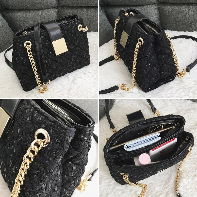 Lace Women's handbag Diamond pattern chain Shoulder bag for Women's Totes pu leather Ladies crossbody bags bolsa feminina black