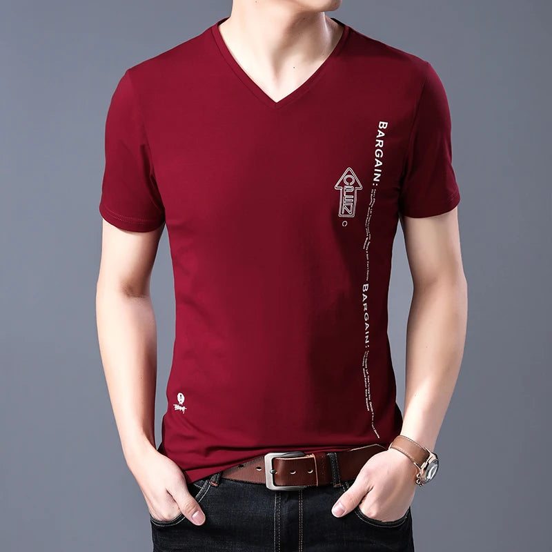 2023 New Fashion Brand T Shirts Mens V Neck Pattern Summer Tops Street Style Trends Cotton Short Sleeve Tshirts Men Clothing