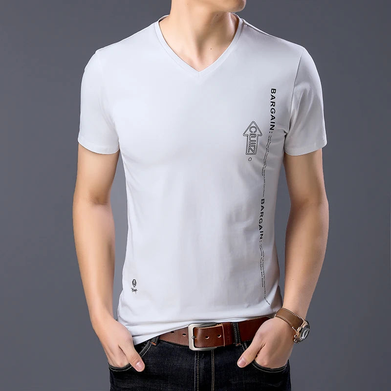 2023 New Fashion Brand T Shirts Mens V Neck Pattern Summer Tops Street Style Trends Cotton Short Sleeve Tshirts Men Clothing