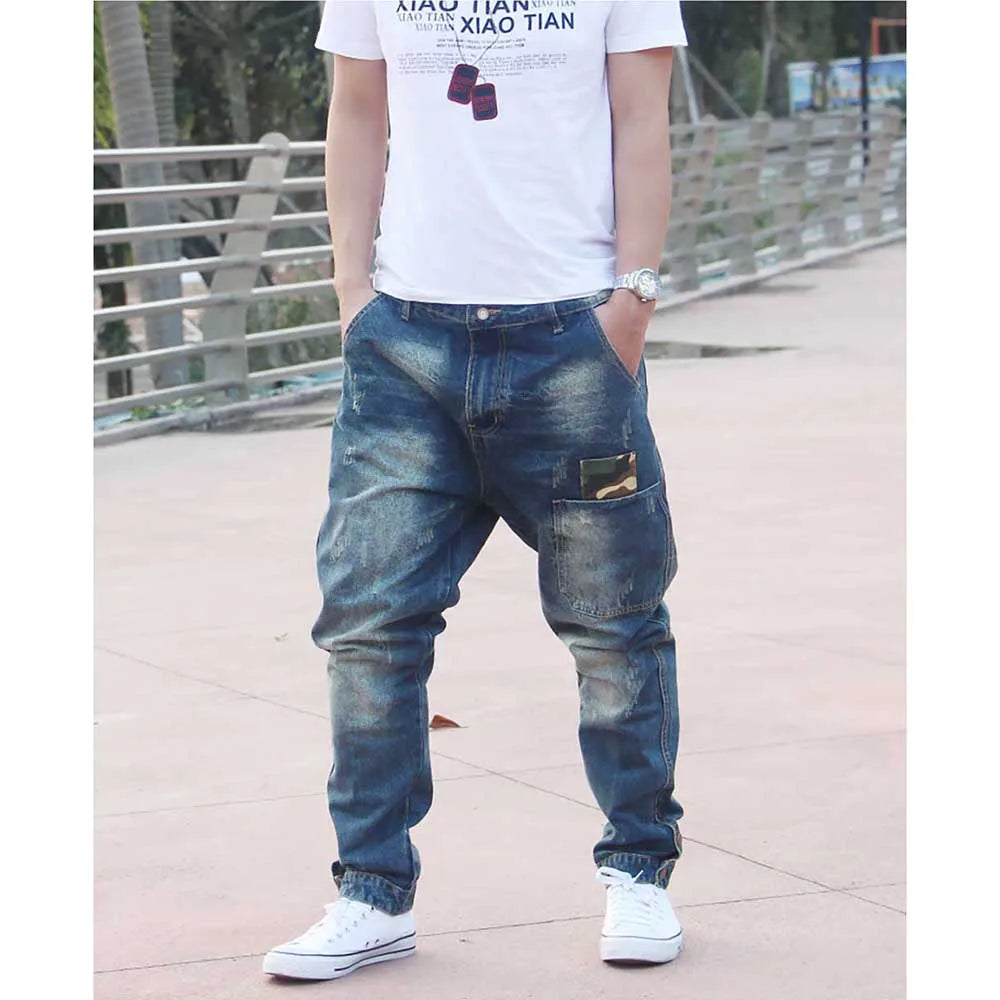 Trendy Harem Jeans Man Camouflage Patch Pocket Denim Pants Loose Baggy Cargo Pants Joggers Trousers Hip Hop Jeans Men Clothing