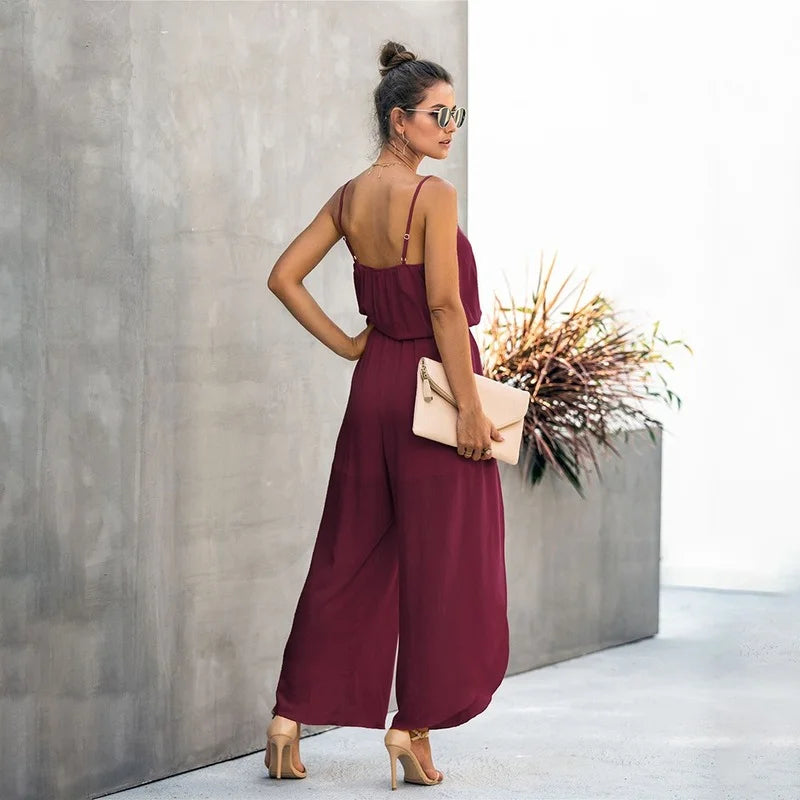 Summer Sexy Backless Wide Leg Jumpsuit Women Bandage Side Split Hem Rompers Women's Clothing 2023 Combinaison Femme Overalls