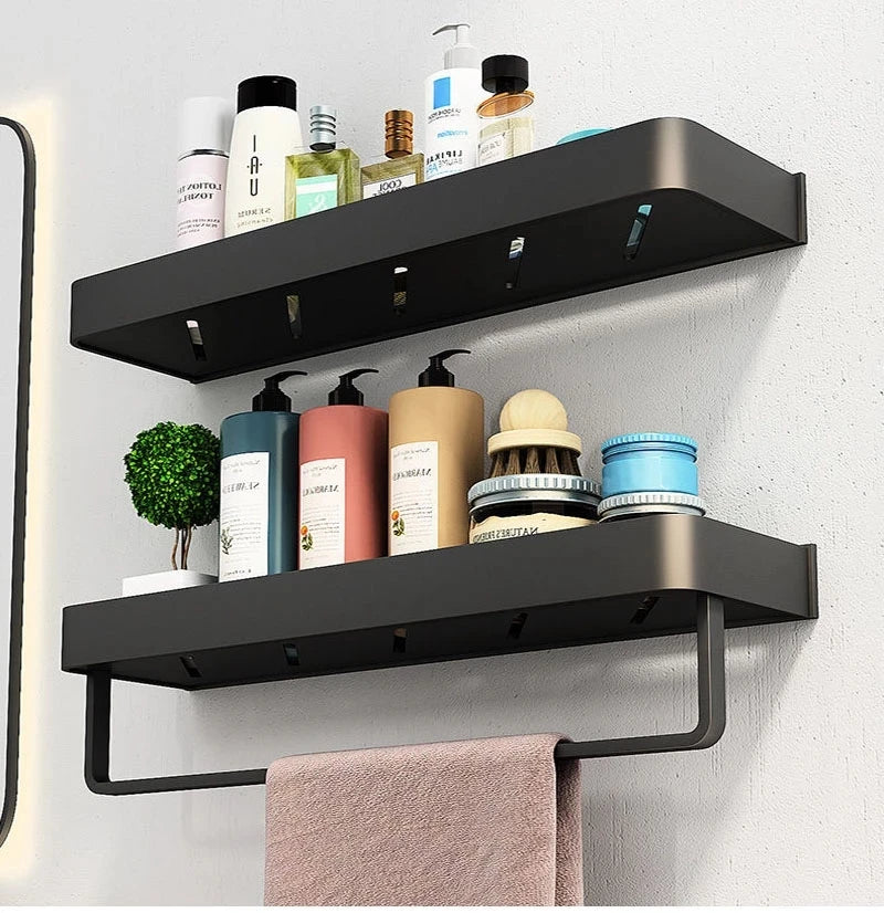 No Drill Black Bathroom Shelf with Towel Bar Wall Shelf Shower Holder Storage Rack Robe Hooks Bathroom Accessories