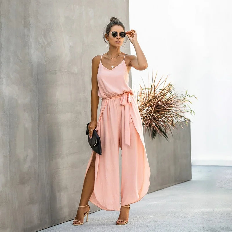 Summer Sexy Backless Wide Leg Jumpsuit Women Bandage Side Split Hem Rompers Women's Clothing 2023 Combinaison Femme Overalls