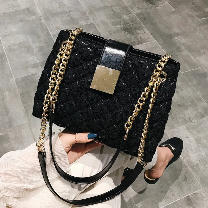 Lace Women's handbag Diamond pattern chain Shoulder bag for Women's Totes pu leather Ladies crossbody bags bolsa feminina black