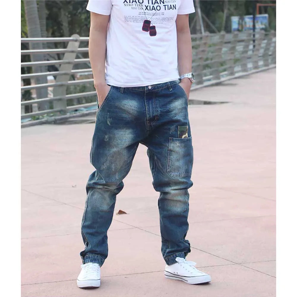 Trendy Harem Jeans Man Camouflage Patch Pocket Denim Pants Loose Baggy Cargo Pants Joggers Trousers Hip Hop Jeans Men Clothing