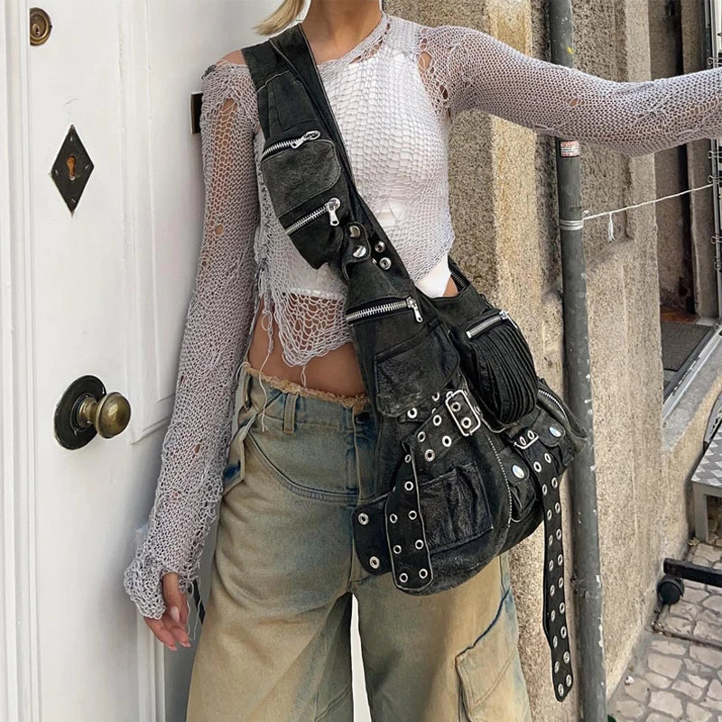 vintage Multiple pockets denim women shoulder bags punk wide strap rivet lady handbags retro Underarm Bags Female purses 2023