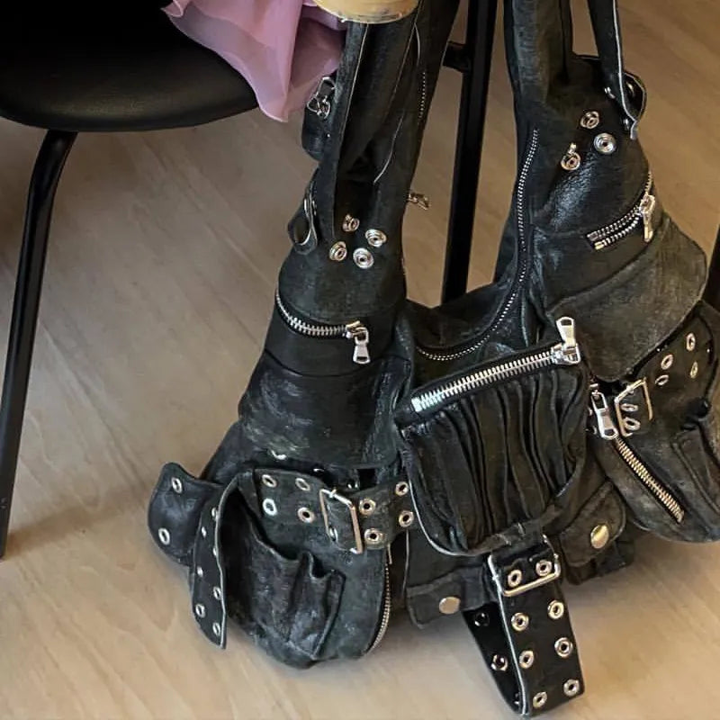 vintage Multiple pockets denim women shoulder bags punk wide strap rivet lady handbags retro Underarm Bags Female purses 2023