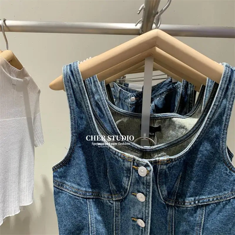 2023 Summer New Women's Vintage Denim Tank Top korean fashion clothing tops women crop cute tops