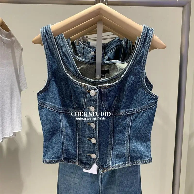 2023 Summer New Women's Vintage Denim Tank Top korean fashion clothing tops women crop cute tops
