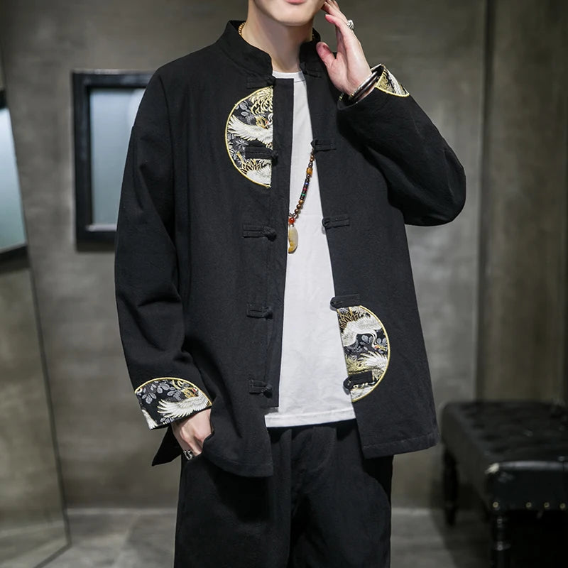 Spring Autumn Embroidery Buckle Tang Suit Mens' Traditional Chinese Clothing Male Tops Jackets Kung Fu Tai Chi Master Costume