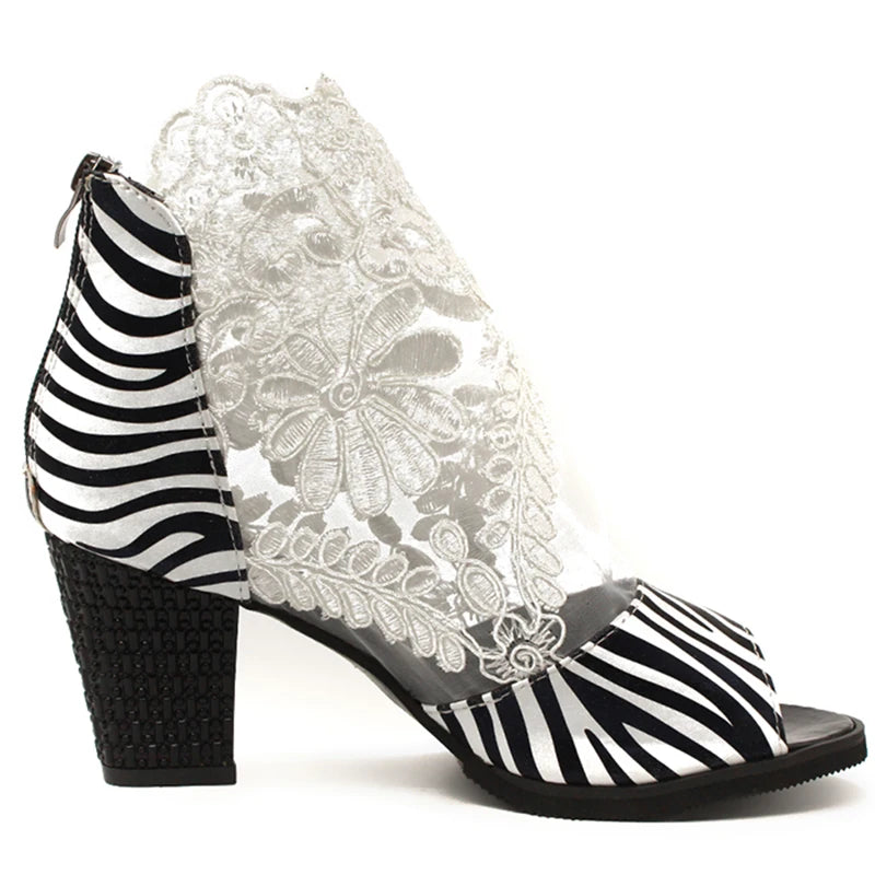 Spring Women Pumps Mesh Leather Flower High Thick Heel Stripe Platform Zipper Peep Toe Slip on Ladies Shoes Zapatos De Mujer