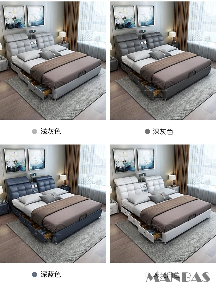 MANBAS Ultimate Tech Smart Bed - Multifunctional Bedframe with Genuine Leather and Bluetooth Speaker, Drawers, Projector, USB