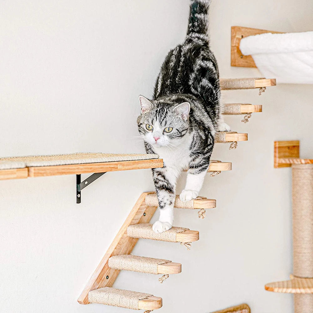 Cat Activity Tree with Scratching Posts Wall Mounted Sisal Scratcher Wooden Hammock Climbing Shelf Stairway Perch Platform Toy