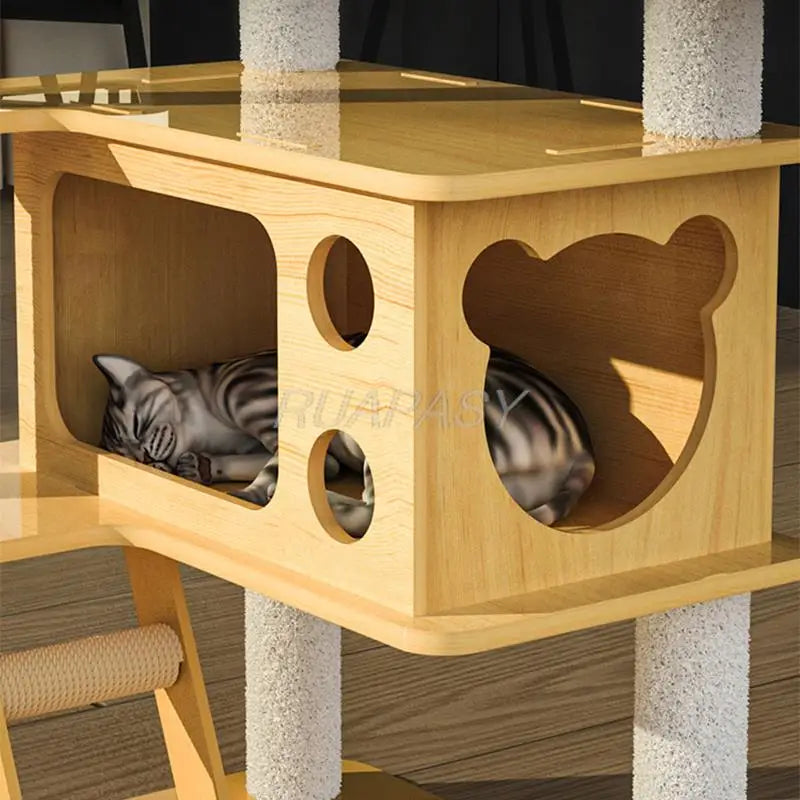 Multi-Level Wood Cat Tree Shelf Scratching Cat Tree Toys Post Condo Jumping Platform Cozy Perch Nest Tower Scratcher Climbing