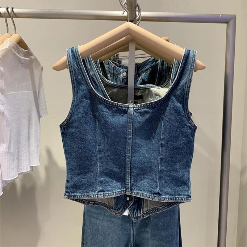 2023 Summer New Women's Vintage Denim Tank Top korean fashion clothing tops women crop cute tops