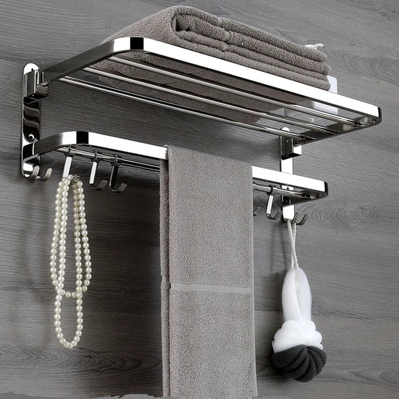 Folding Movable Bath Towel Shelf Stainless Steel Polished Bathroom Rack Holder Storage Hook Accessories WF