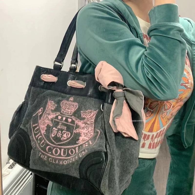Velvet Embroidery Shoulder Bag Woman New In Vintage Chic Designer Handbag Exquisite Casual High Quality High Capacity Tote Bag