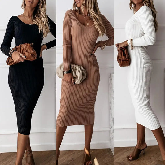 Women Autumn Solid Color V Neck Long Sleeve Ribbed Knitted Bodycon Maxi Dress Women's clothing женское платье vestidos 2020