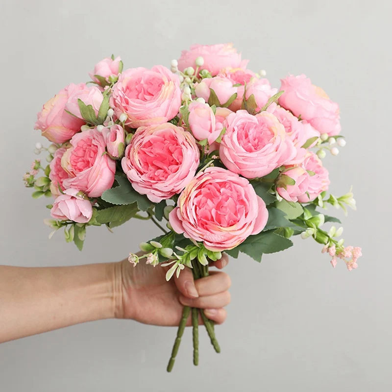 Artificial Silk Flowers Beautiful Rose Peony Small White Bouquet Vases for Home Party Winter Wedding Decoration Diy Plants Wall