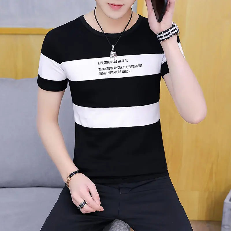Summer Mens T Shirt  New Fashion Striped T Shirt Men Clothing Trend Slim Fit Short Sleeve Casual Mens Top Tee Shirt 3XL XXXL