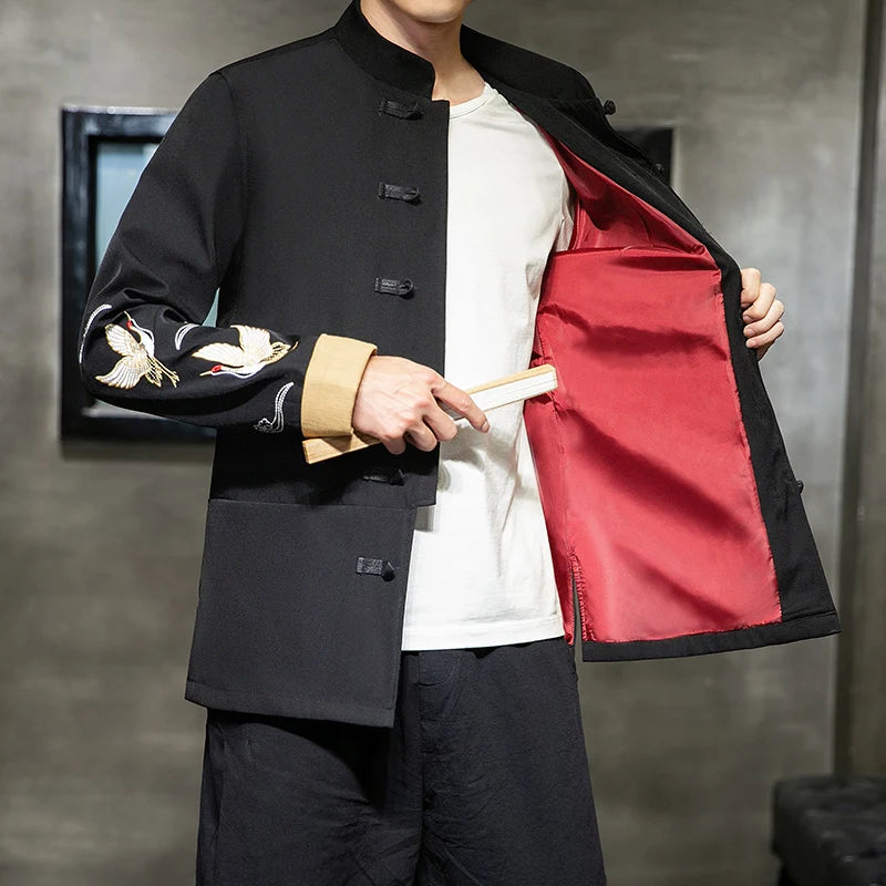 Spring Autumn Embroidery Buckle Tang Suit Mens' Traditional Chinese Clothing Male Tops Jackets Kung Fu Tai Chi Master Costume