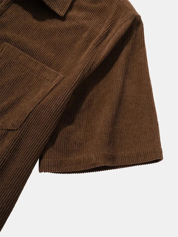 European American Shirts 2022 New Men's Casual Loose Simple Lapel Corduroy Short-sleeved Shirt Men Clothing