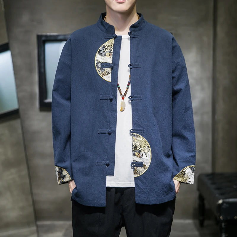 Spring Autumn Embroidery Buckle Tang Suit Mens' Traditional Chinese Clothing Male Tops Jackets Kung Fu Tai Chi Master Costume