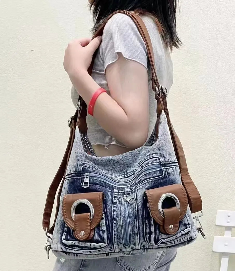 JIAERDI Punk Denim Y2k Bag Women 2023 High Street Pockets Chic Vintage Backpack Ladies Harajuku Casual Messenger Bags Versatile