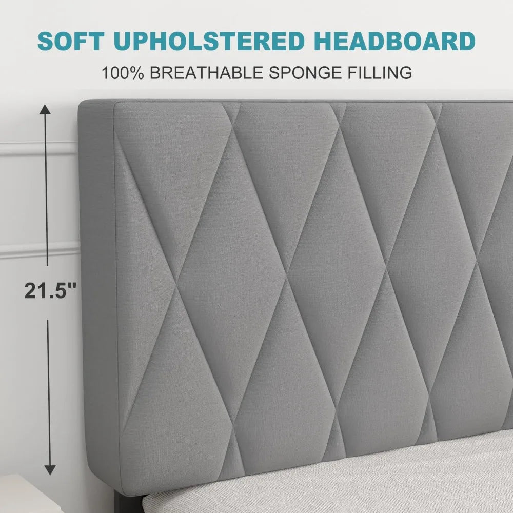 Large Bed Frame Upholstered Platform with Headboard and Sturdy Wooden Slats, Non-slip and Noiseless, No Springs Required