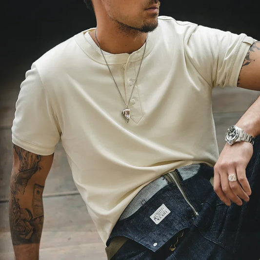 Maden Cotton Men's Henry T-Shirts Soft Breathable Vintage Tops Tee Shirt Solid Casual Classic Buttons Shirt Hot Man Clothing