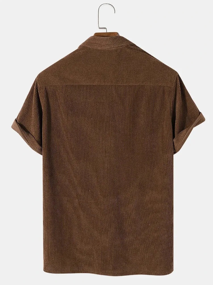 European American Shirts 2022 New Men's Casual Loose Simple Lapel Corduroy Short-sleeved Shirt Men Clothing