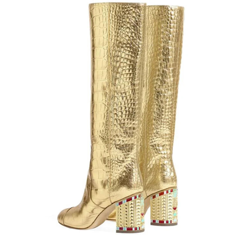 New Gold Side Zipper Knee-High Boots Women Round Toe Rhinestone Square High Heels Woman Runway Boots Woman Fashion Ladies Shoes